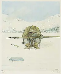 William Kurelek, Untitled - Hunter Awaiting Seal at Breathing Hole #1/300, 1975, photolithographic reproduction on paper