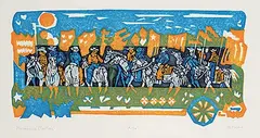 Dora Helen Mackie, Parade is Starting #19/50, colour wood block and etching on paper