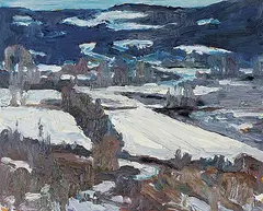 Herald Nix, Reserve and Railroad West of Salmon Arm, 2002, oil on wood board