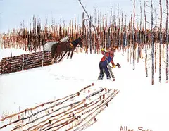 Allen Sapp, Untitled - Cutting Trees on a Nice Day, acrylic on canvas
