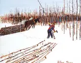 Allen Sapp, Untitled - Cutting Trees on a Nice Day, acrylic on canvas