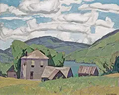 A. J. Casson, Farmhouse - Lake Kamaniskeg, 1958, oil on wood board