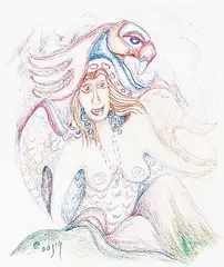 Untitled - Thunderbird Woman by Daphne Odjig, coloured pencil on paper, sold Apr 2022