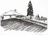 Walter J. Phillips, Engineer's House and South Wall, 1931, wood engraving on paper