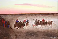 Untitled - Wagon Race by Allen Sapp, acrylic on canvas, sold Apr 2022
