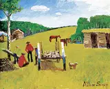 Untitled - Men Talking to Sell a Horse by Allen Sapp, acrylic on canvas, sold Apr 2022
