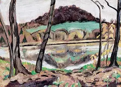 Lake with Reflections and Trees by Ruth Mary Eliot, oil on wood board, sold Apr 2022