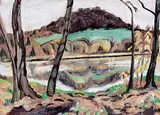 Ruth Mary Eliot, Lake with Reflections and Trees, oil on wood board