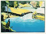 Second Falls, Johnson's Canyon #138/200 by Margaret Shelton, 1943, lino block in five colours on paper, sold Apr 2022