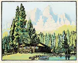 Castle Mountain #81/100 by Margaret Shelton, 1944, lino block in five colours on paper, sold Apr 2022