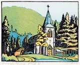 St. Georges Church, Banff #193/200 by Margaret Shelton, 1944, lino block in six colours on paper, sold Apr 2022