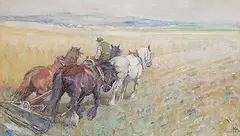 Nathaniel Hughes John Baird, Harvesting in Sussex, watercolour on paper
