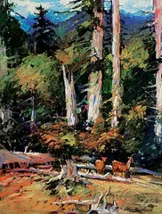 Richard S. McDiarmid, Deer Feeding, Morsbey Isl., oil on wood board