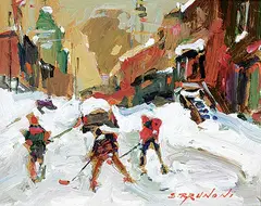Serge Brunoni, Mtl Rue Adam, oil on wood board