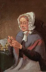 Robert Harris, Mrs. Harris Threading Her Needle, oil on wood board