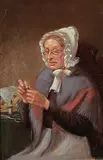 Robert Harris, Mrs. Harris Threading Her Needle, oil on wood board