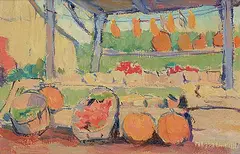 Rita Mount, Market Time, oil on canvas board