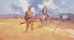 Wagon Train by Gerald McCann, oil on wood board, sold Nov 2021