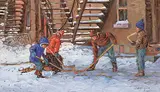 Littorio del Signore, Hockey aux Hotel de Ville, Montreal [Playing Hockey on City Hall Street], 1986, oil on canvas