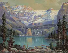 Lake Louise, Alberta [Rocky Shore] by Andreas Roth, 1938, oil on canvas board, sold Nov 2021