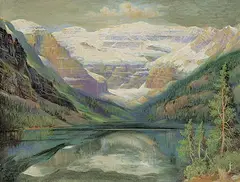 Lake Louise, Alberta [Reflections] by Andreas Roth, 1938, oil on canvas board, sold Nov 2021