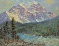 Bow River Flowing Through Lake Louise by Andreas Roth, 1938, oil on canvas board, sold Nov 2021