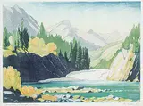 Bow Falls Banff #105/200 by Margaret Shelton, 1972, lino block in eight colours on paper, sold Nov 2021