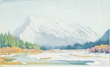 Mt. Rundle in March #97/100 by Margaret Shelton, 1978, lino block in eight colours on paper, sold Nov 2021
