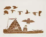 Davidialuk Alasua Amittu, Hawk Arrives at Camp by Kayak #23/50, 1975, stonecut on paper