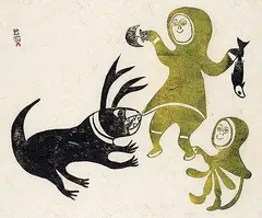 Untitled - Feeding the Animal by Angotigolu Teevee, 1962, colour stonecut on paper, sold Sep 2021