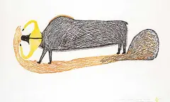 Luke Anguhadluq, Musk-Ox Eating Grass #19/50, 1973, colour stonecut on paper