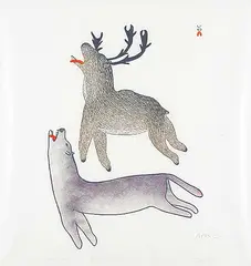 Pitseolak Ashoona, The Chase #33/50, 1983, colour stonecut and stencil on paper