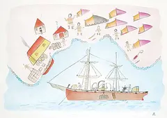 Pauloosie Karpik, The Ship is Here! #9/35, 1988, colour stonecut and stencil on paper