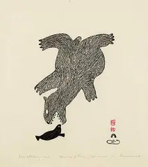 Ningeookaluk Pootoogook, Bear Attacking Seal #17/50, 1961, stonecut on paper