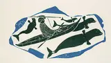 Joe Talirunili, Hunting Whales by Kayak #9/30, 1963, colour stonecut on paper