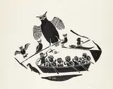 Joe Talirunili, Untitled - Boat with Owl #32/50, 1975, stonecut on paper