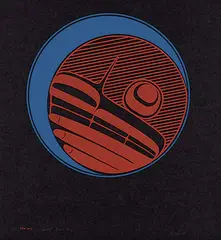 Moon [Red and Green on Black] #209/274 by Robert Davidson, 1976, colour silkscreen on paper, sold Sep 2021