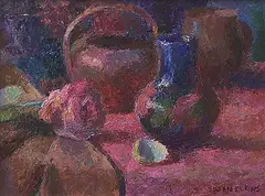 Susan Elkins, Moorcroft Vase and Rose, oil on wood board