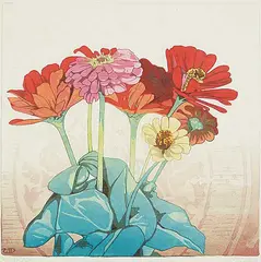 Walter J. Phillips, Zinnias #69/100, 1928, colour wood block on paper