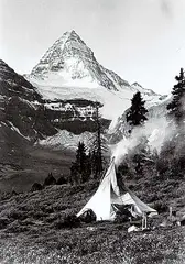 Byron Harmon, Mount Assiniboine with Teepee in Foreground, circa 1927, black and white photograph on paper