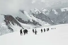 Byron Harmon, On Yoho Glacier, Mount Bident, Alpine Club of Canada Camp at Consolation Valley, 1910, black and white photograph on paper