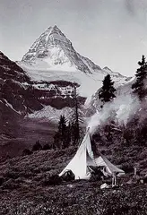 Byron Harmon, Mount Assiniboine [with Tent], black and white photograph on paper