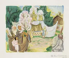 André Charles Biéler, Fete Dieu Caughnawaga, 1935, mixed media on paper