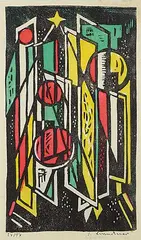 Fritz Brandtner, Untitled - Greetings, hand coloured lino block on paper