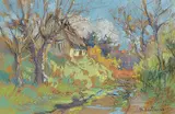 Berthe des Clayes, Cottage Overlooking Stream, pastel on paper
