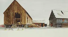 Leonard James Gibbs, Winter Farm Buildings - Vermilion, Alta., watercolour on paper