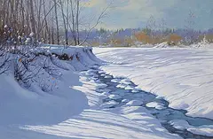 Snow Shadows, Fish Creek by Mannie Gonsalves, 2002, oil on wood board, sold May 2021