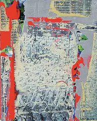 Stephen Mennie, Untitled - Red and Silver Abstract, 2003, mixed media and collage on wood board