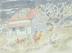 Untitled - Playing in the Backyard by Janet Mitchell, watercolour on paper, sold May 2021