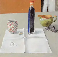Marcia Perkins, Untitled - Jar, Cup, Napkin, oil on wood board